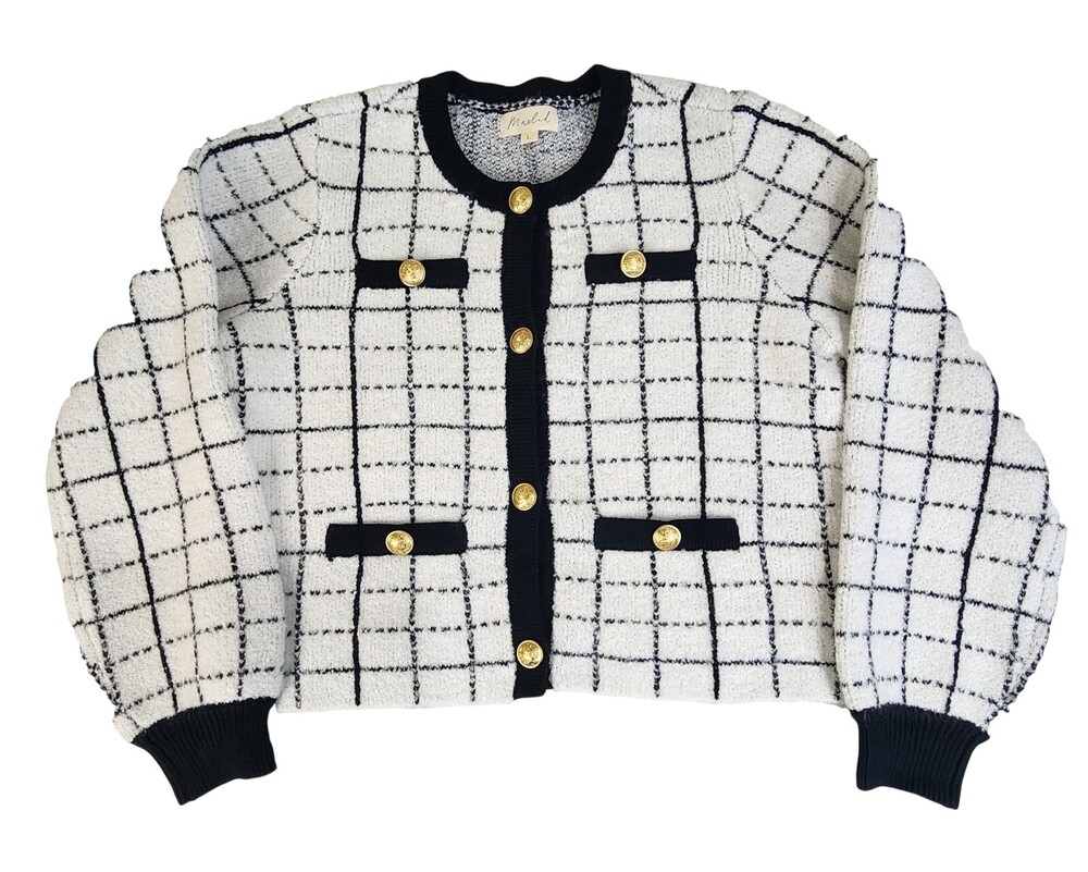 Vintage Marled Womens Cardigan Sweater Size L White Plaid Y2K Button Front #1748